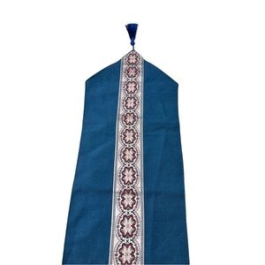 Lovely Blue & Silver Table Runner Embroidered Flowers Tassel Table Linen 12x66”